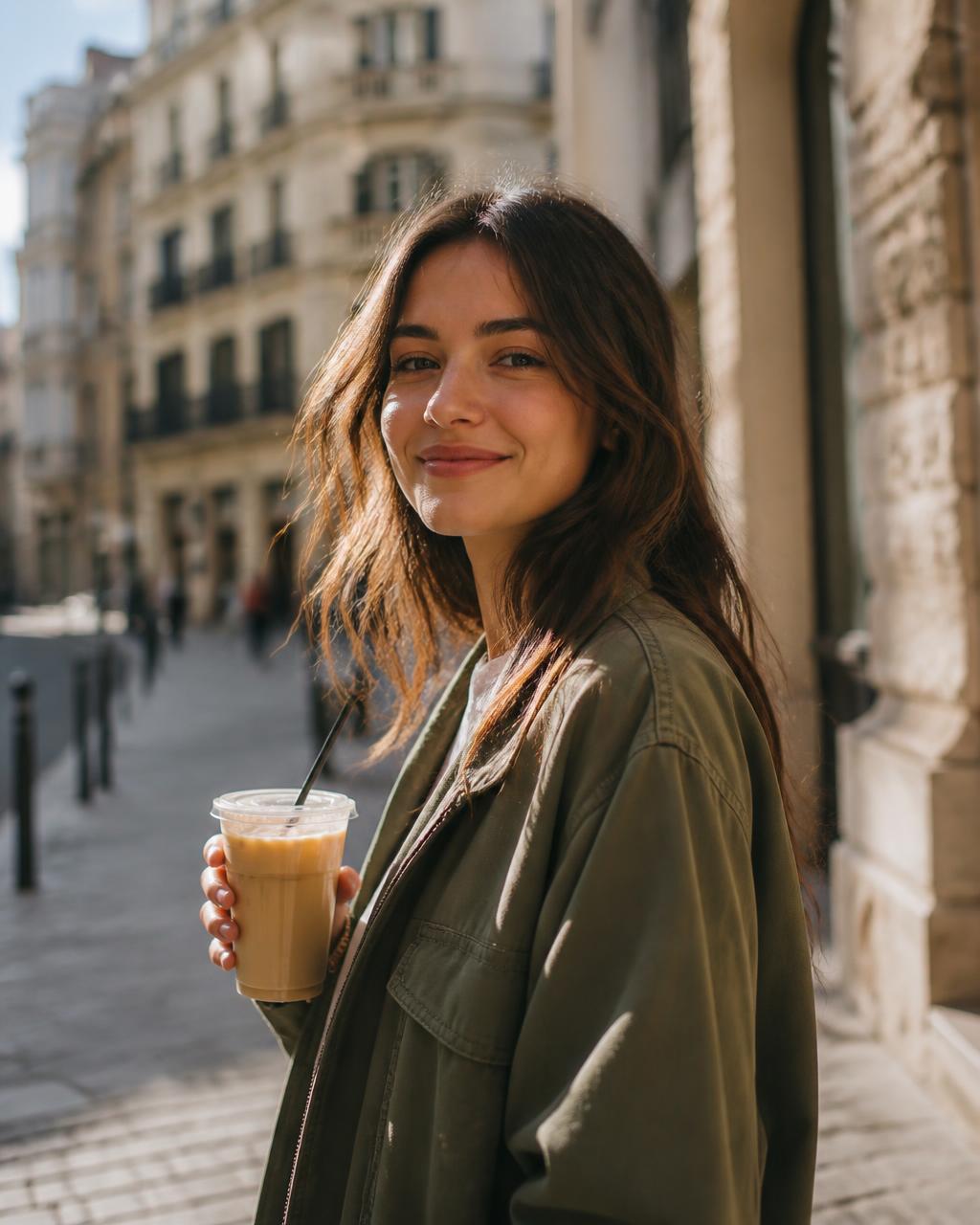 A young woman with an iced coffee on a sunlit European street